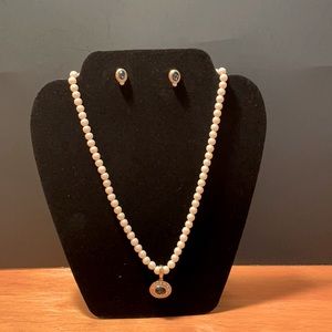 Pearl Necklace and earring set with Blue Stone